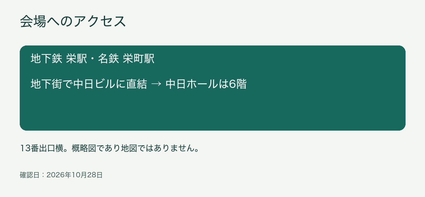 地下鉄栄駅と名鉄栄町駅から地下街で中日ビルへ直結し、中日ホールは6階